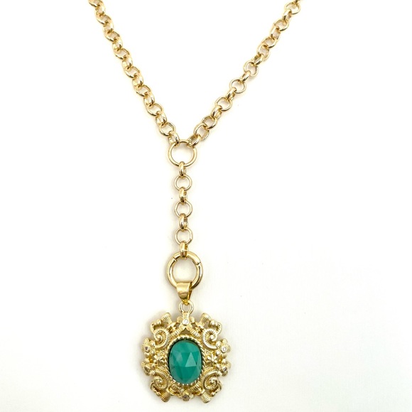 Gold Filled Rolo Belcher Chain Malachite Pendant Charm Necklace Medallion - Picture 1 of 3